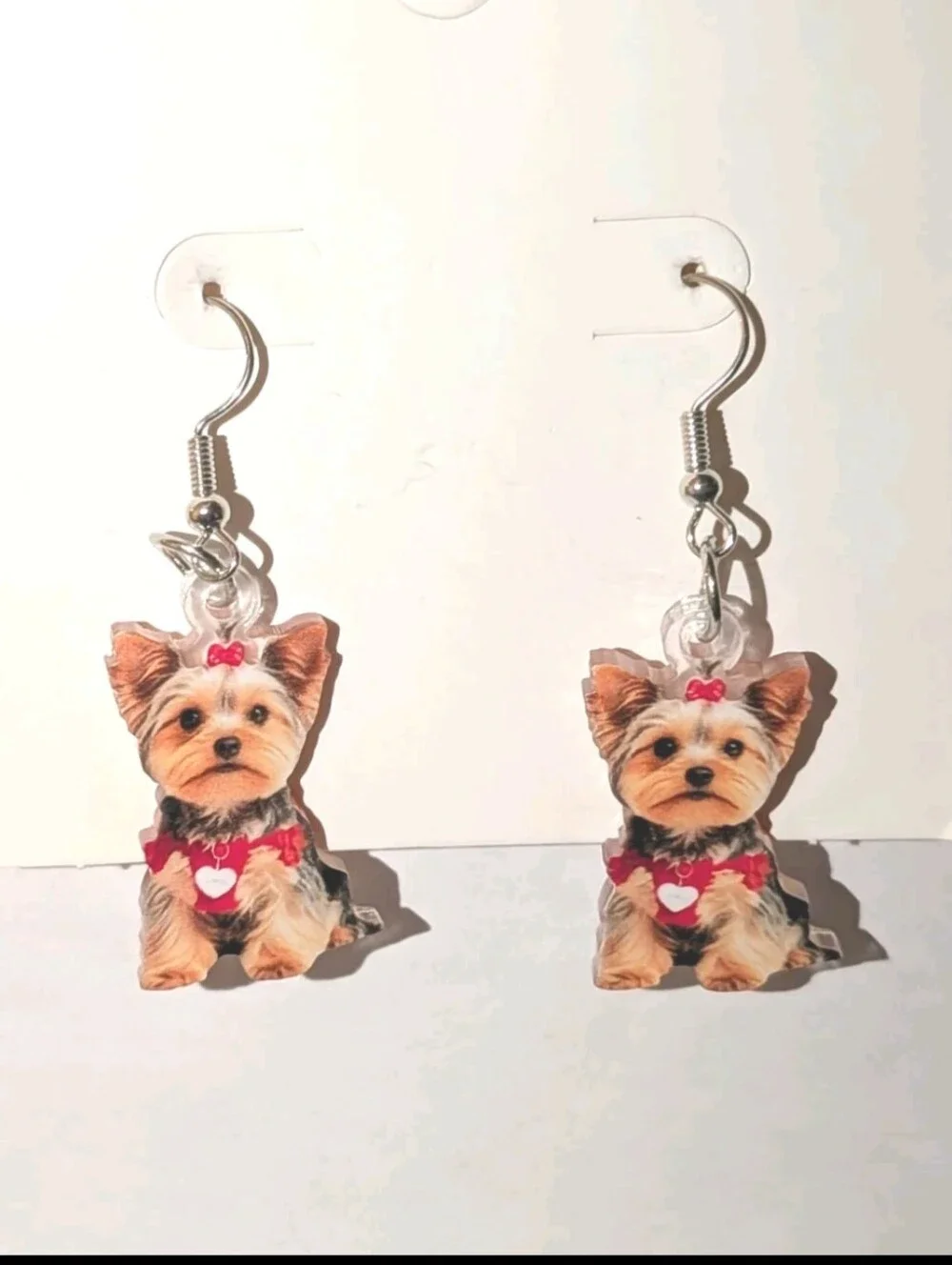 Hand Crafted 2D Flat Yorkie Dog Dangle Earrings in Red Accents